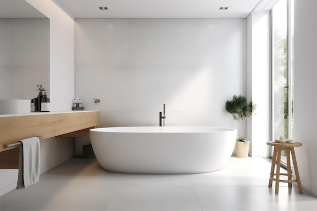 Mur intérieur bois architecture maison salle de bain baignoire maison moderne luxe blanc IA générative
