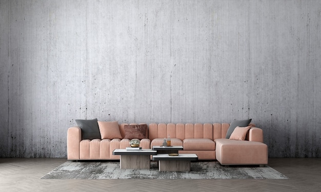 Le mur intérieur du salon est maquillé dans des tons neutres chauds avec une décoration de style moderne et confortable avec un canapé rose sur fond de mur de béton vide