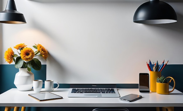 Mur intérieur photo avec vase à fleurs avec smartphone portable sur table de travail