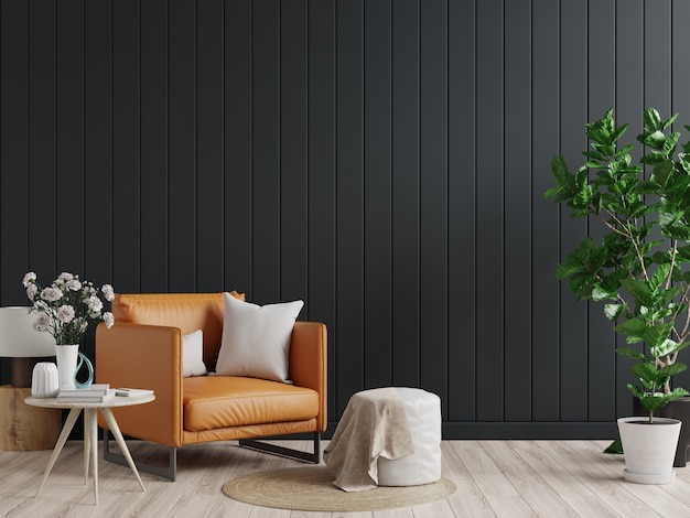 Mur intérieur de salon dans des tons sombres avec fauteuil en cuir sur mur en bois noir .3d rendu