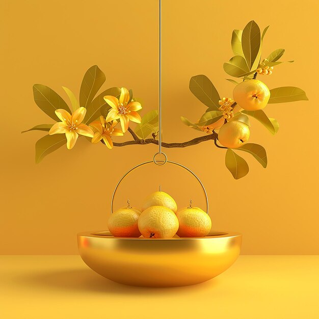 Photo un mur jaune avec un bol de fruits avec des oranges et une branche avec des feuilles