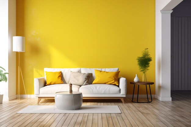 Photo un mur jaune avec un canapé blanc et une plante dessus
