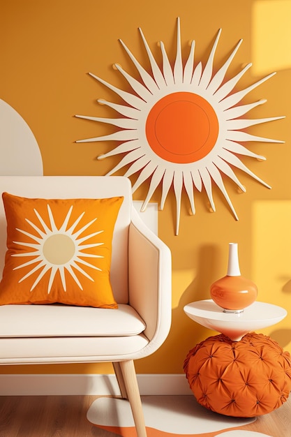 Un mur jaune et orange avec un soleil et une table avec une lampe dessus.