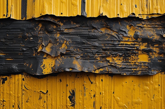 Un mur jaune avec de la peinture noire qui a été endommagé.