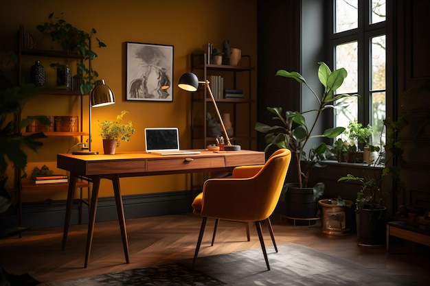 Un mur jaune avec des plantes et une chaise devant.