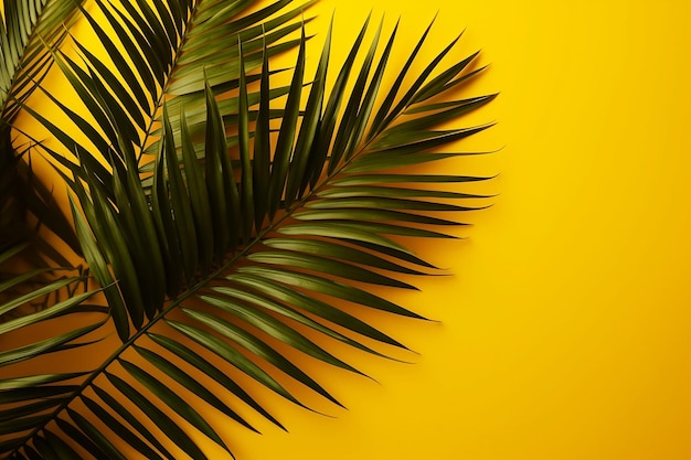 Mur jaune vif avec des ombres de feuilles de palmier vertes, parfait pour vos besoins de conception générés par l'IA