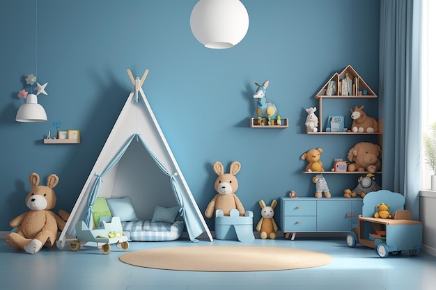 Mur de maquette dans la chambre des enfants, intérieur de la salle de séjour sur fond de couleur bleue, rendu 3d