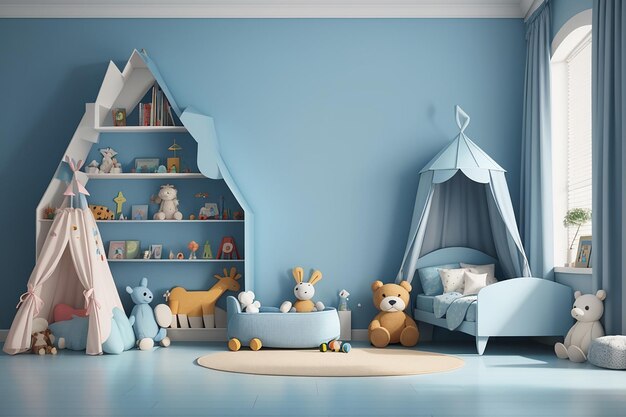 Mur de maquette dans la chambre des enfants, intérieur de la salle de séjour sur fond de couleur bleue, rendu 3d