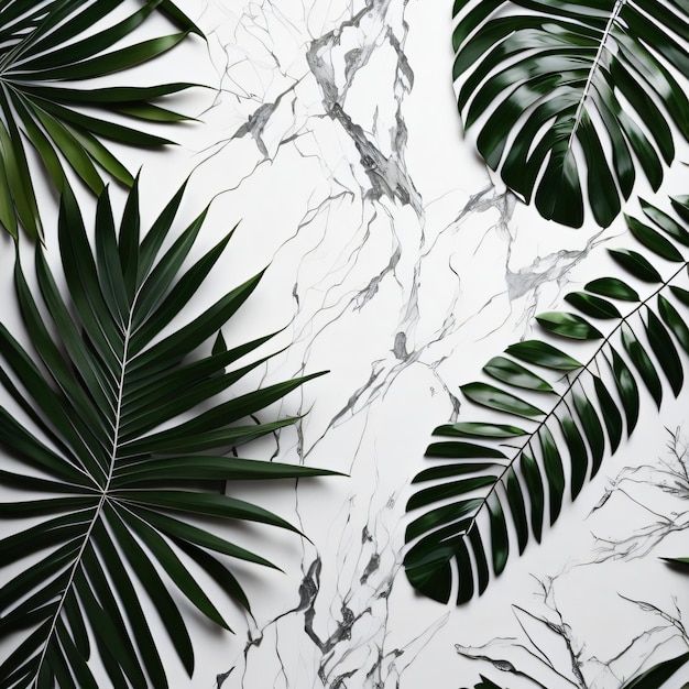 Un mur en marbre avec des feuilles de palmier et un fond en marbre blanc.