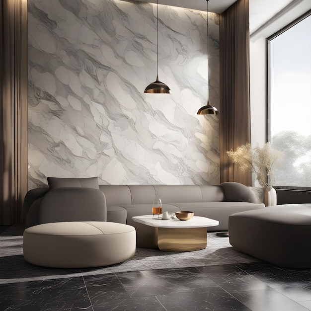 Mur de marbre intérieur moderne avec lumière naturelle et mobilier