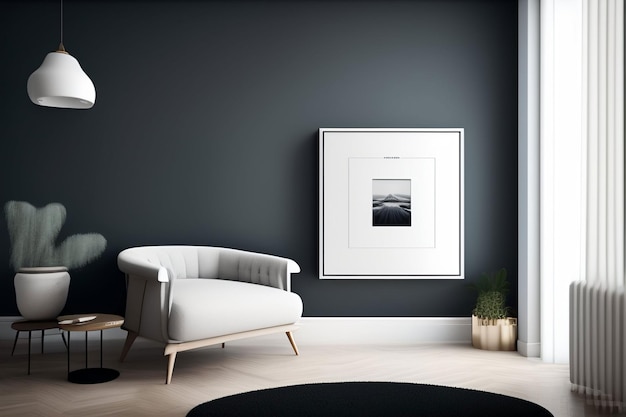 Un mur noir avec une chaise blanche et une photo d'une vue sur la mer.