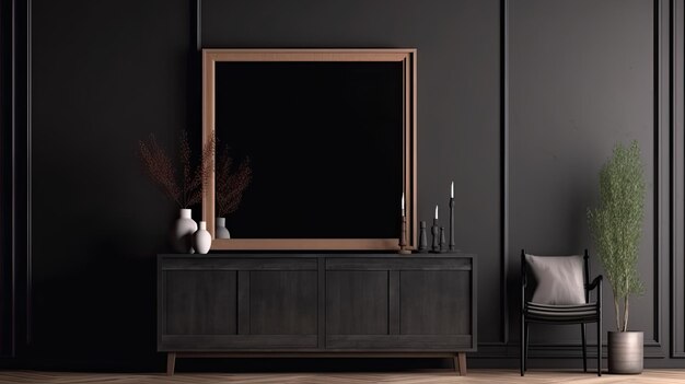 Un mur noir avec un grand miroir et un cadre noir.