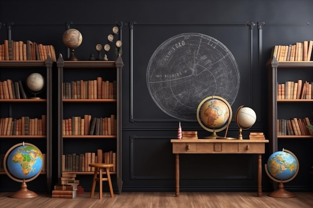 Un mur noir avec des livres, un globe et une bibliothèque avec une carte des États-Unis d'Amérique.