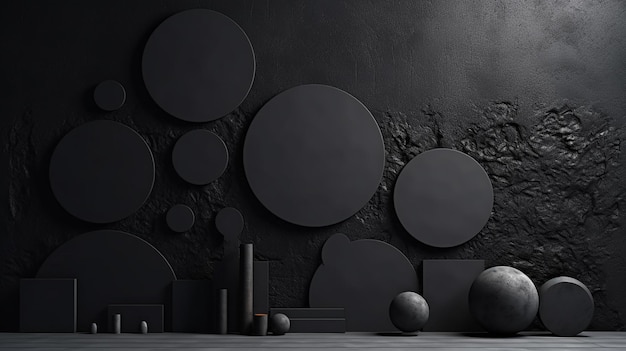 un mur noir avec une peinture en noir et blanc représentant une lune et des objets noirs.