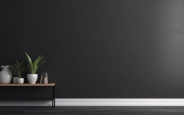 Un mur noir avec une plante dessus et une table avec un vase dessus.