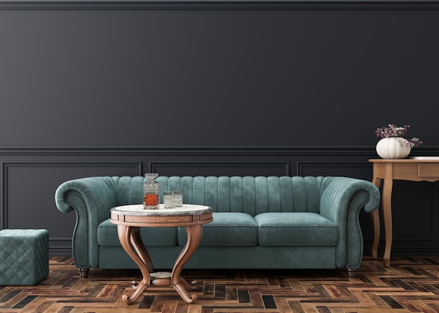 Mur Noir Vide Dans Le Salon Moderne Maquette D'intérieur Dans Un Style Classique Espace De Copie Pour Votre Affiche Photo Modèle D'illustration Canapé En Velours Bleu Parquet Moulure Murale Rendu 3d