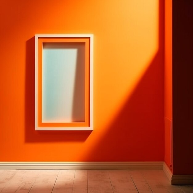 Un mur orange avec un cadre blanc dessus et une ombre sur le mur.