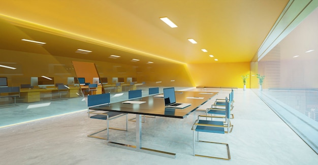 Mur orange, sol en ciment et éclairage de façade en verre design salle de réunion de conférence moderne