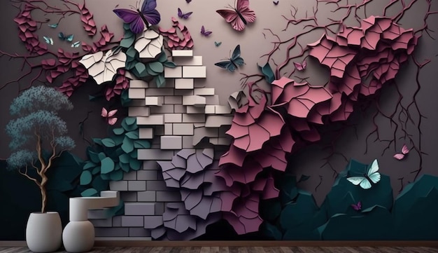 Un mur avec des papillons dessus qui est fait de papier