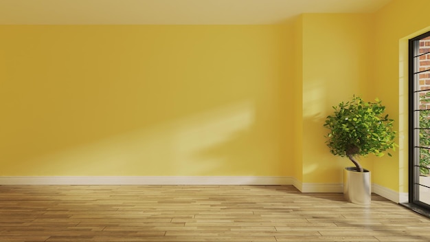 Mur peint en jaune dans une pièce vide avec balcon en parquet et lumière du soleil depuis la fenêtre sur le mur rendu 3D réaliste