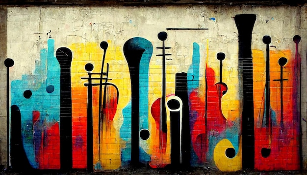 Un mur avec une peinture représentant une guitare et les mots " musique " dessus.