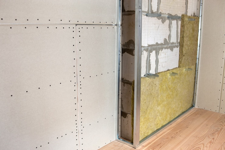 Photo mur d'une pièce en rénovation avec isolation en laine de roche minérale et ossature métallique préparée pour plaques de plâtre.
