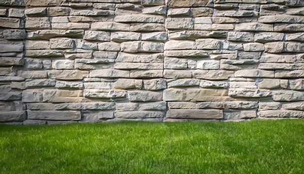 Un mur de pierre avec un champ d'herbe verte devant lui