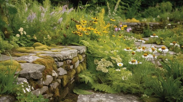 Un mur de pierre dans un jardin avec des fleurs et des plantes.