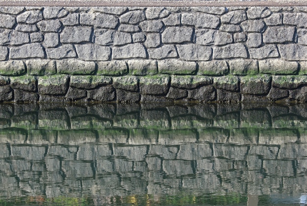 Un mur de pierre naturelle avec reflet sur la surface de l&#39;eau près du fleuve.