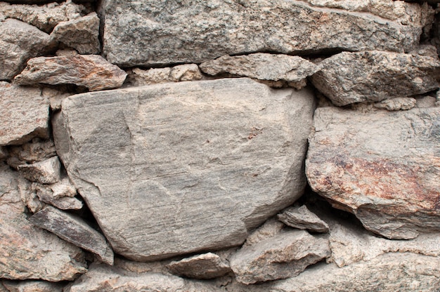 Un mur de pierres irrégulièrement posées avec du mortier et du ciment