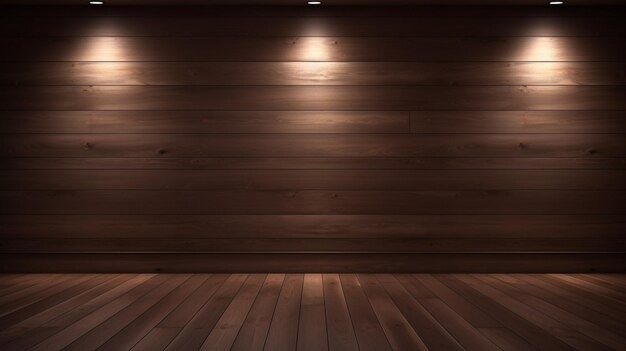 Le mur de planche brun foncé vide intérieur de la pièce décoré d'un éclairage chaud caché