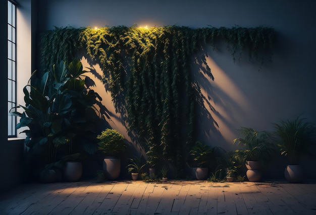 Un mur avec des plantes et des lumières dessus