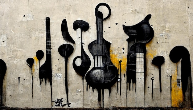 Un mur avec plusieurs guitares peintes dessus