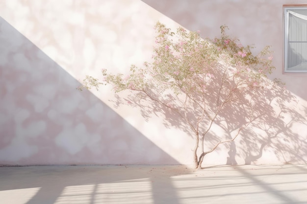 Un mur rose avec un arbre dans le coin et un mur rose avec un cœur blanc dessus.