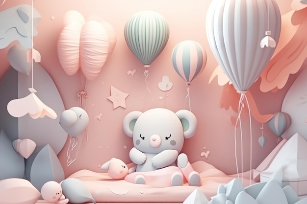 Un mur rose avec un bébé ours et un ballon avec une étoile dessus.