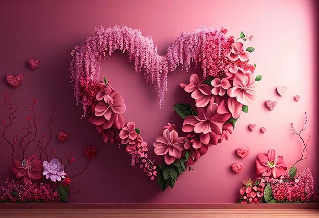 Un mur rose avec un coeur romantique avec des fleurs dessus