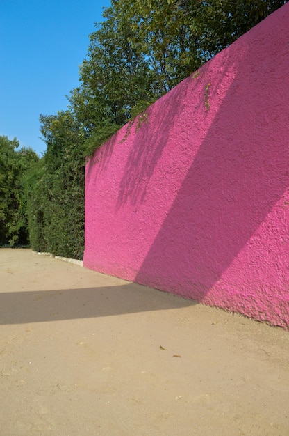 Mur rose de la Cuadra San Cristobal de Luis Barragan végétation endémique et sol sablonneux en arrière-plan