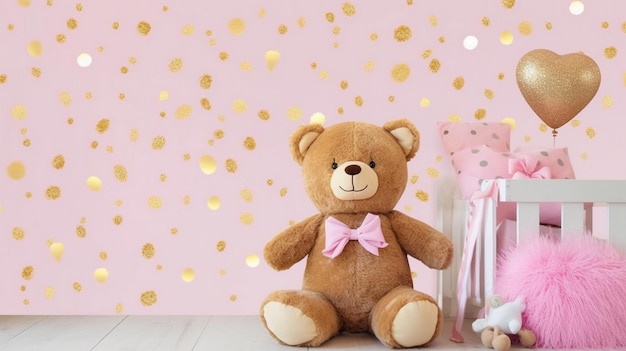 mur rose avec des étoiles dorées, des autocollants et un ours en peluche