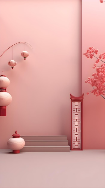 Un mur rose avec des lanternes et un arbre