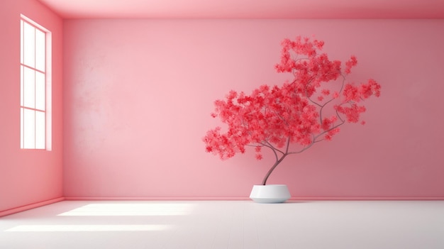 Un mur rose avec un petit arbre dedans