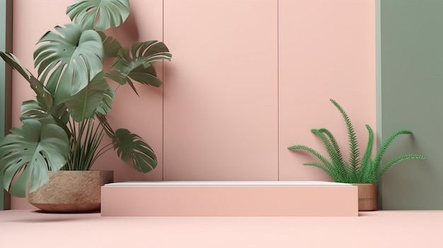 Un mur rose avec une plante au milieu et une plante verte au milieu.