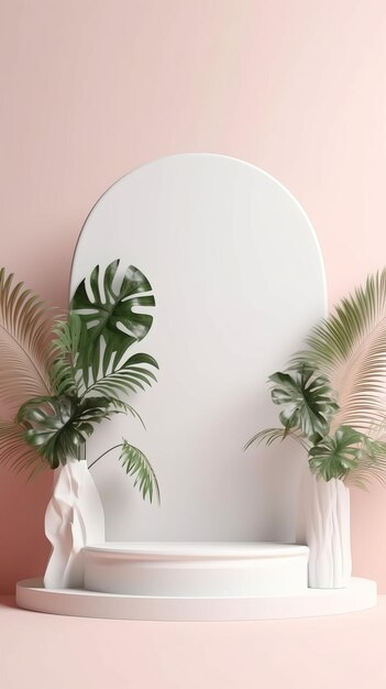 Un mur rose avec une plante à côté et un miroir avec un cadre blanc.