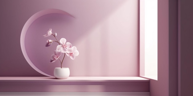 Un mur rose avec un vase blanc avec des fleurs roses dessus.