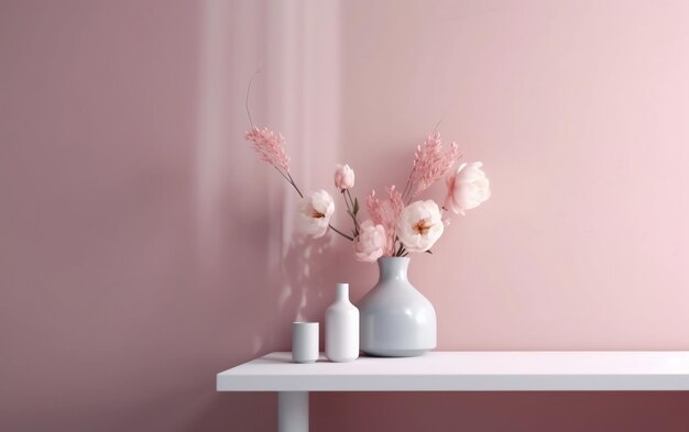 Un mur rose avec un vase de fleurs dessus.