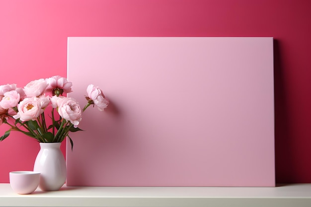 un mur rose avec un vase de fleurs et un fond rose.