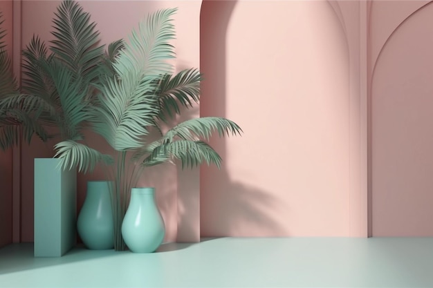 Un mur rose avec des vases verts et une plante verte au milieu.