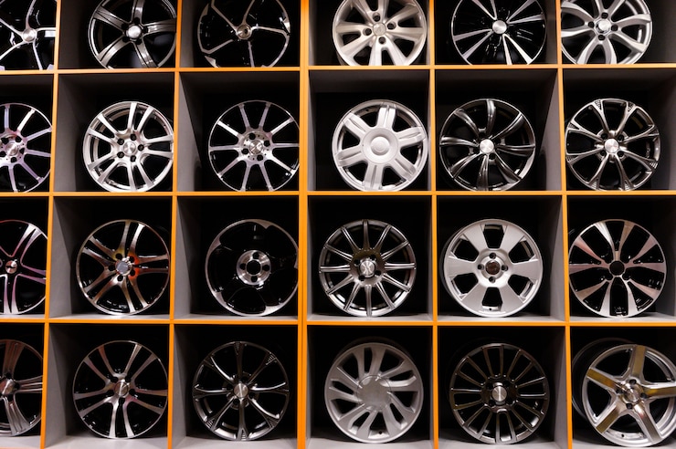 Photo mur de roues de voiture en alliage et de pneus pneumatiques en magasin