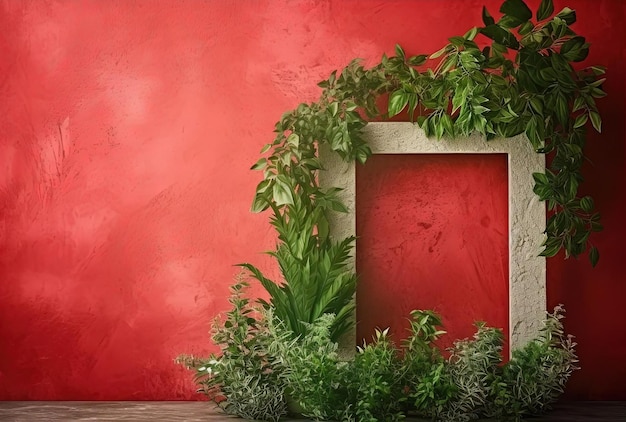 Mur rouge avec cadre et plantes vertes