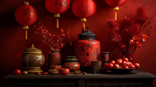 Un mur rouge avec des décorations chinoises et un vase de fleurs.