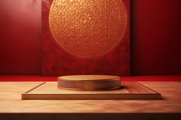 Un mur rouge derrière une table avec un tapis en bois et un panneau rond rouge derrière.